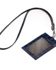 Leather lanyard ID card holder, navy croc, with strap