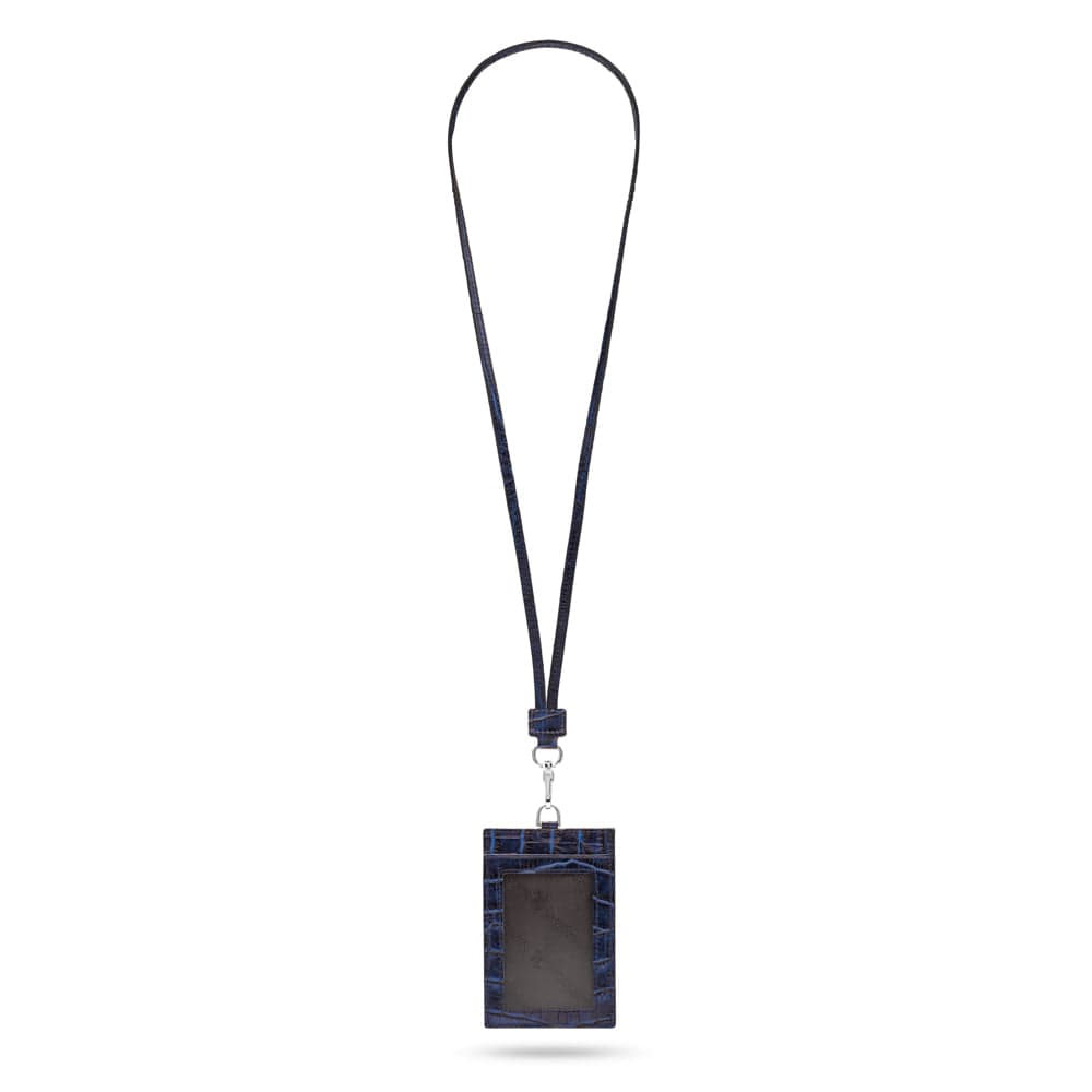 Leather lanyard ID card holder, navy croc, full length