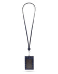 Leather lanyard ID card holder, navy croc, full length