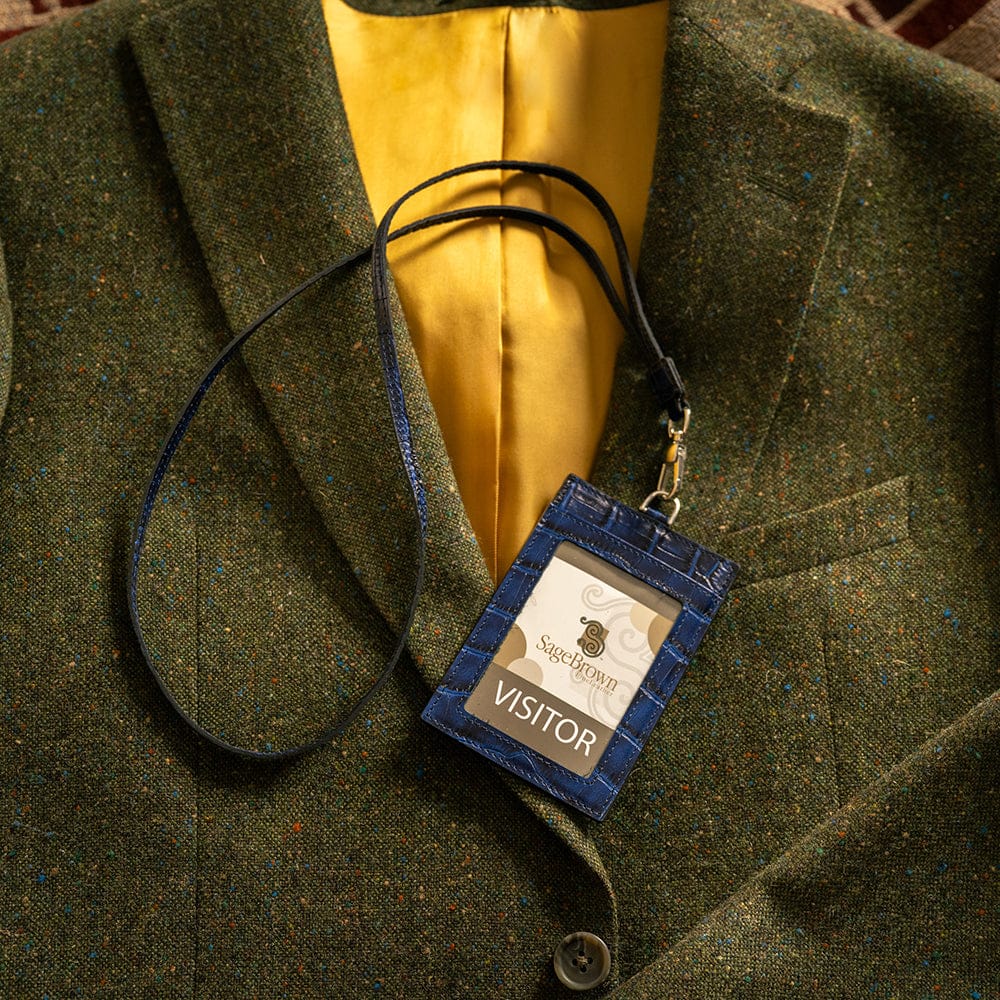 Leather lanyard ID card holder, navy croc, lifestyle