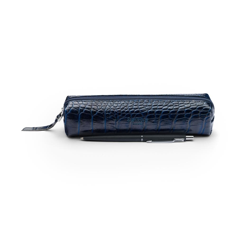 Leather pencil case, navy croc, front