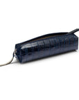 Leather pencil case, navy croc, side