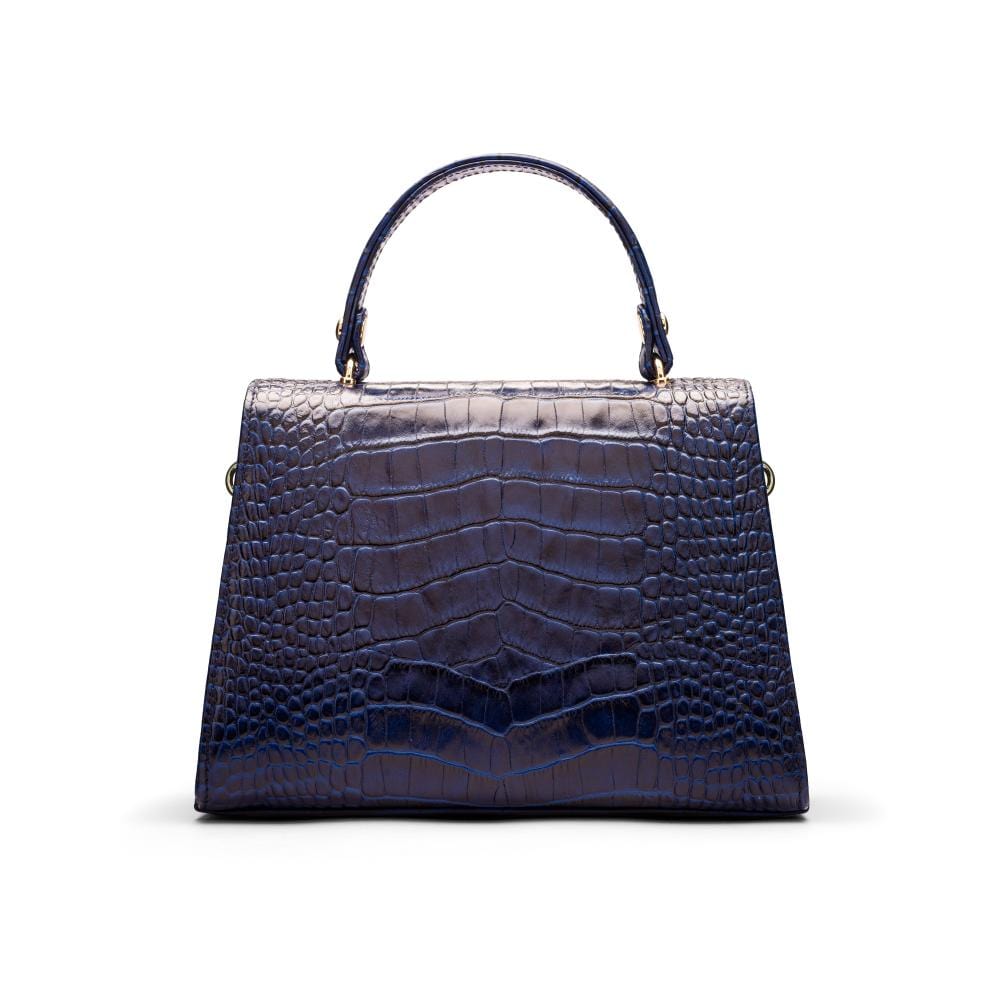 Sabrina top handle bag, navy croc leather, back view