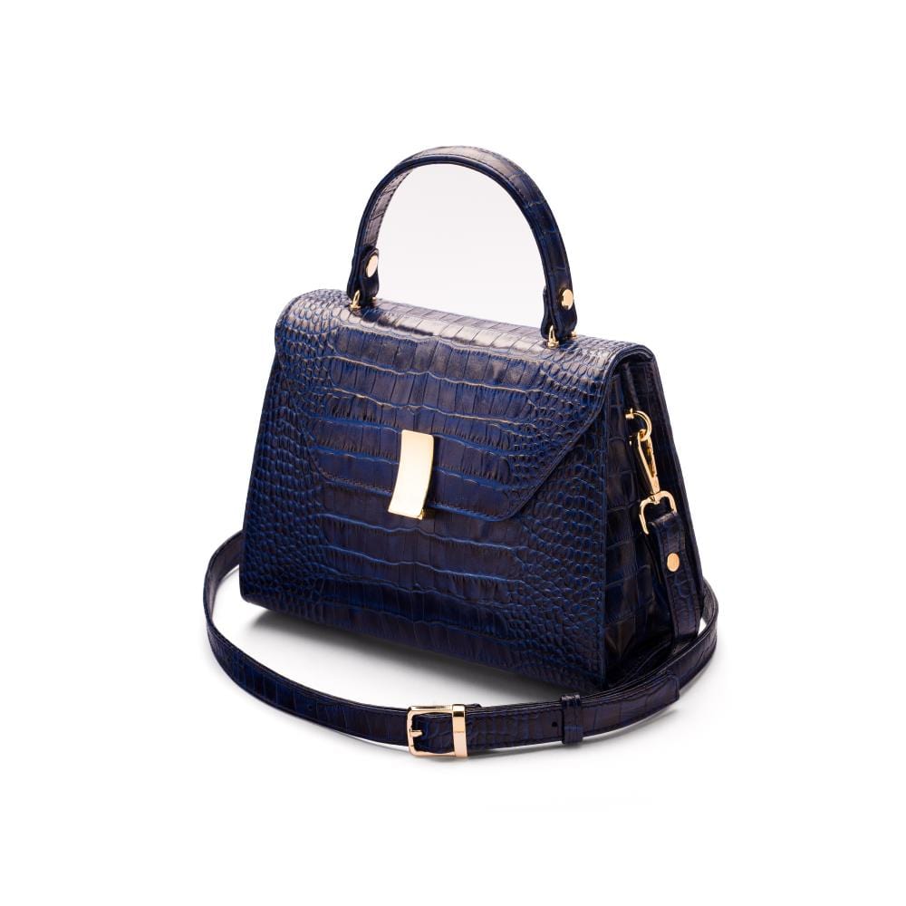 Sabrina top handle bag, navy croc leather, with shoulder strap