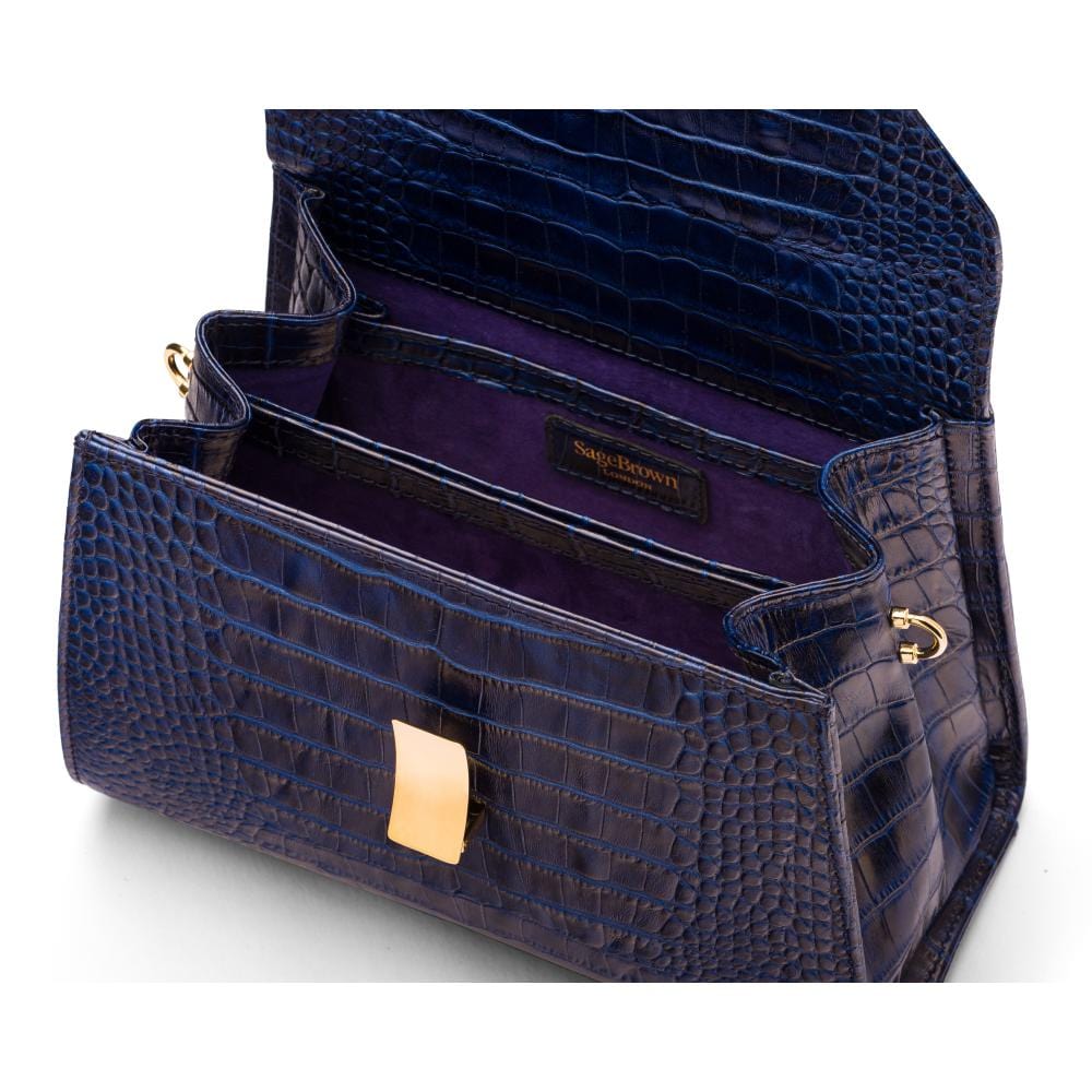 Sabrina top handle bag, navy croc leather, inside