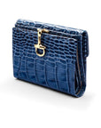 Leather purse with brass clasp, navy croc, front view