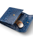 Leather purse with brass clasp, navy croc, open coin purse