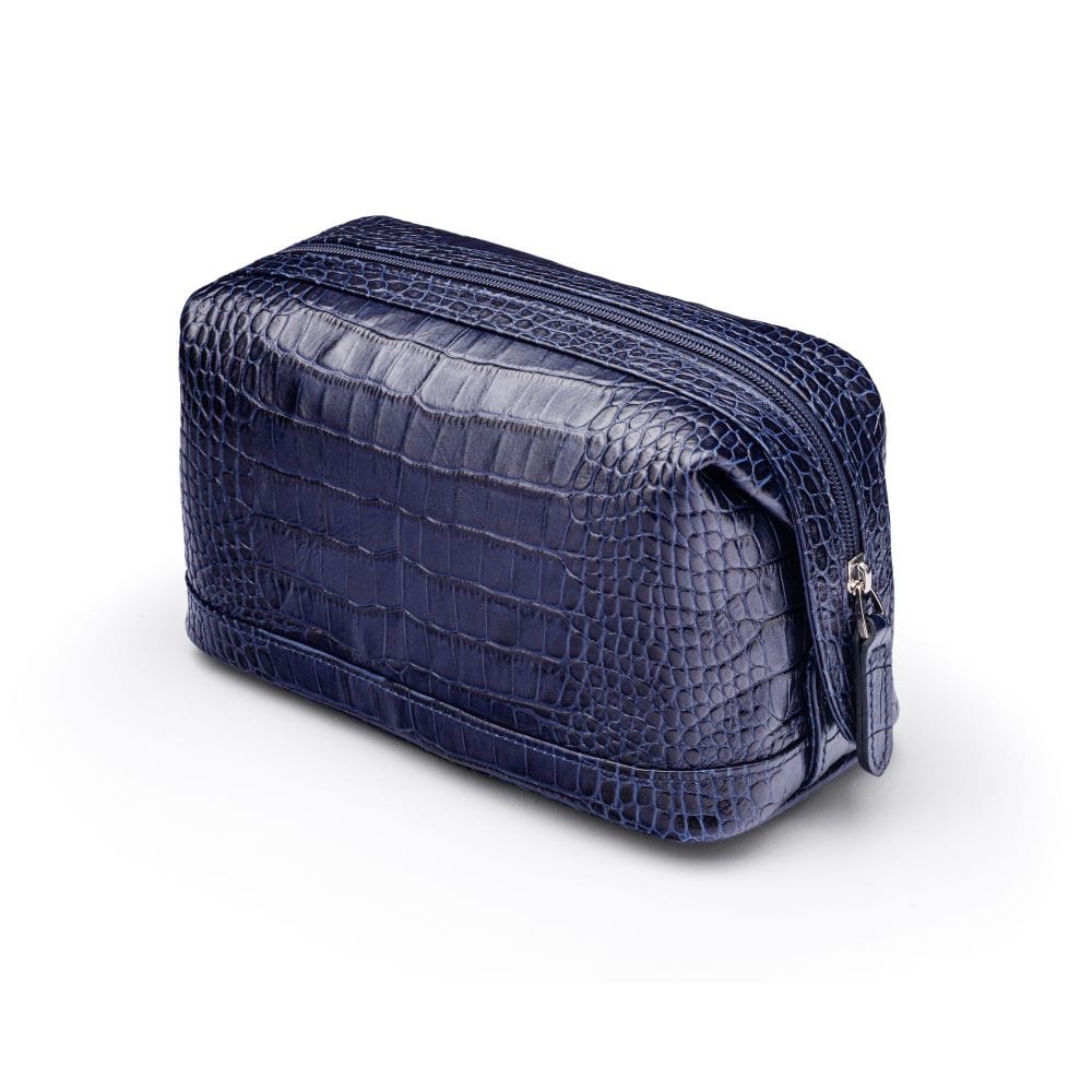 Leather wash bag, navy croc, side view