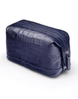 Leather wash bag, navy croc, side view