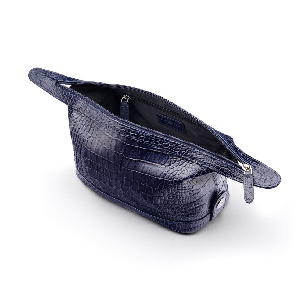 Leather wash bag, navy croc, inside