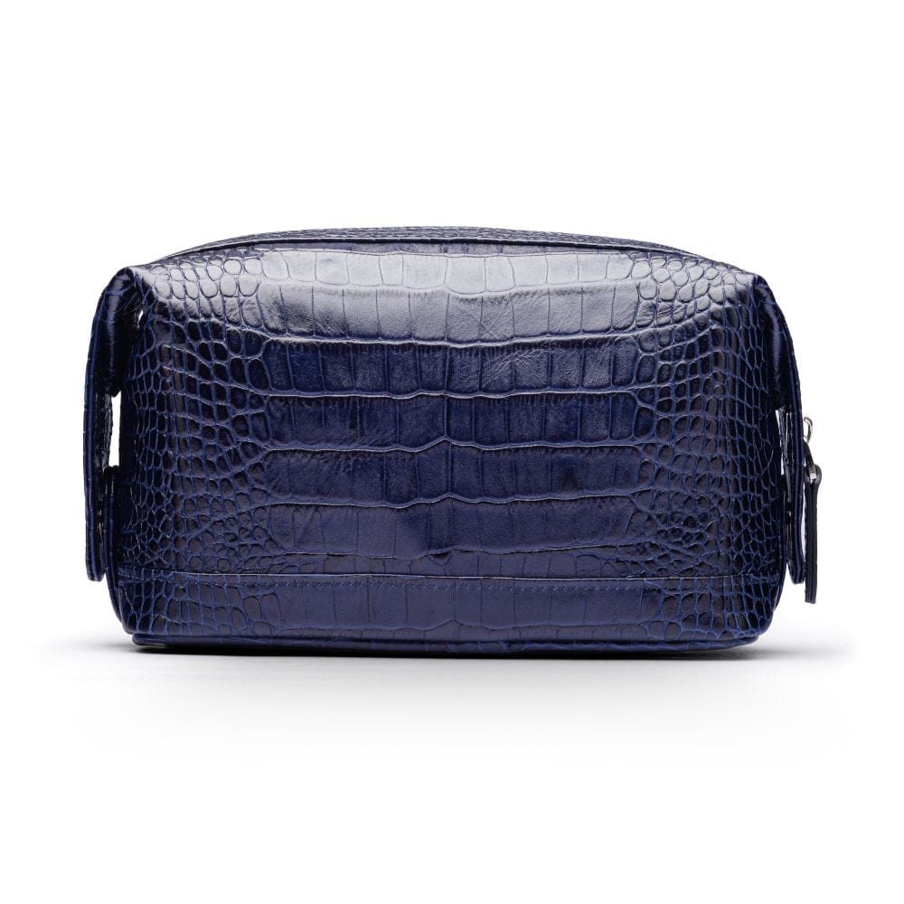 Leather wash bag, navy croc, front