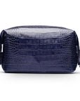 Leather wash bag, navy croc, front