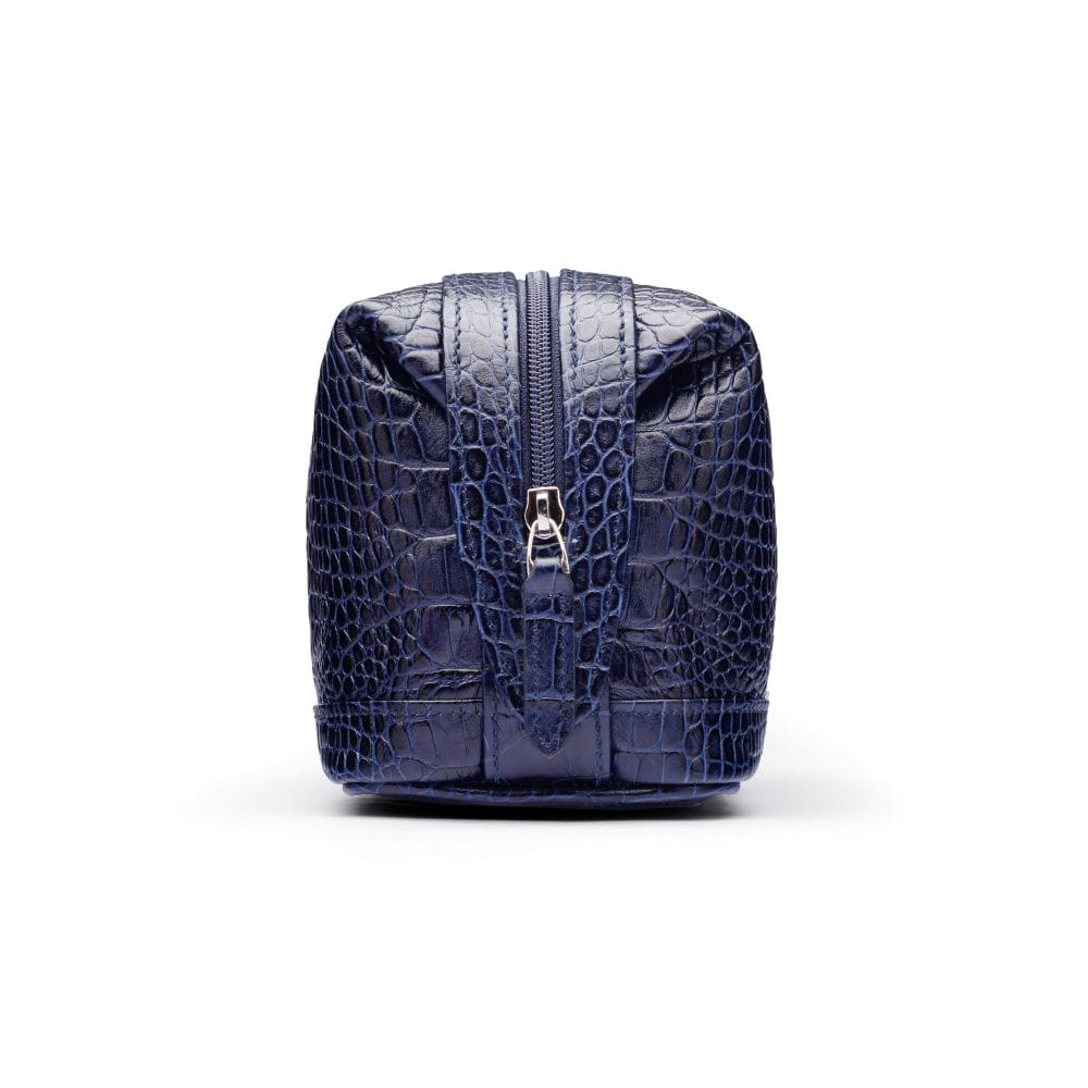 Leather wash bag, navy croc, side