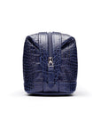 Leather wash bag, navy croc, side