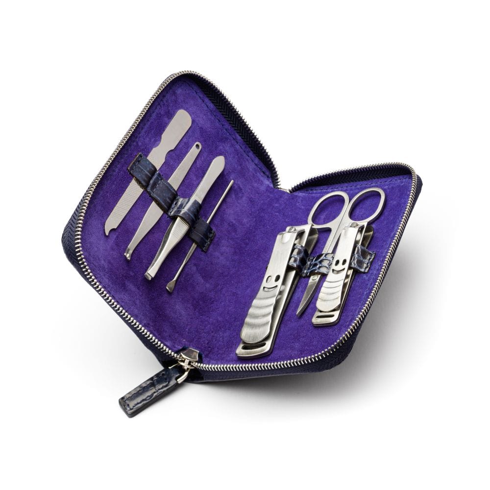 Leather zip around 7 piece manicure set, navy croc, inside