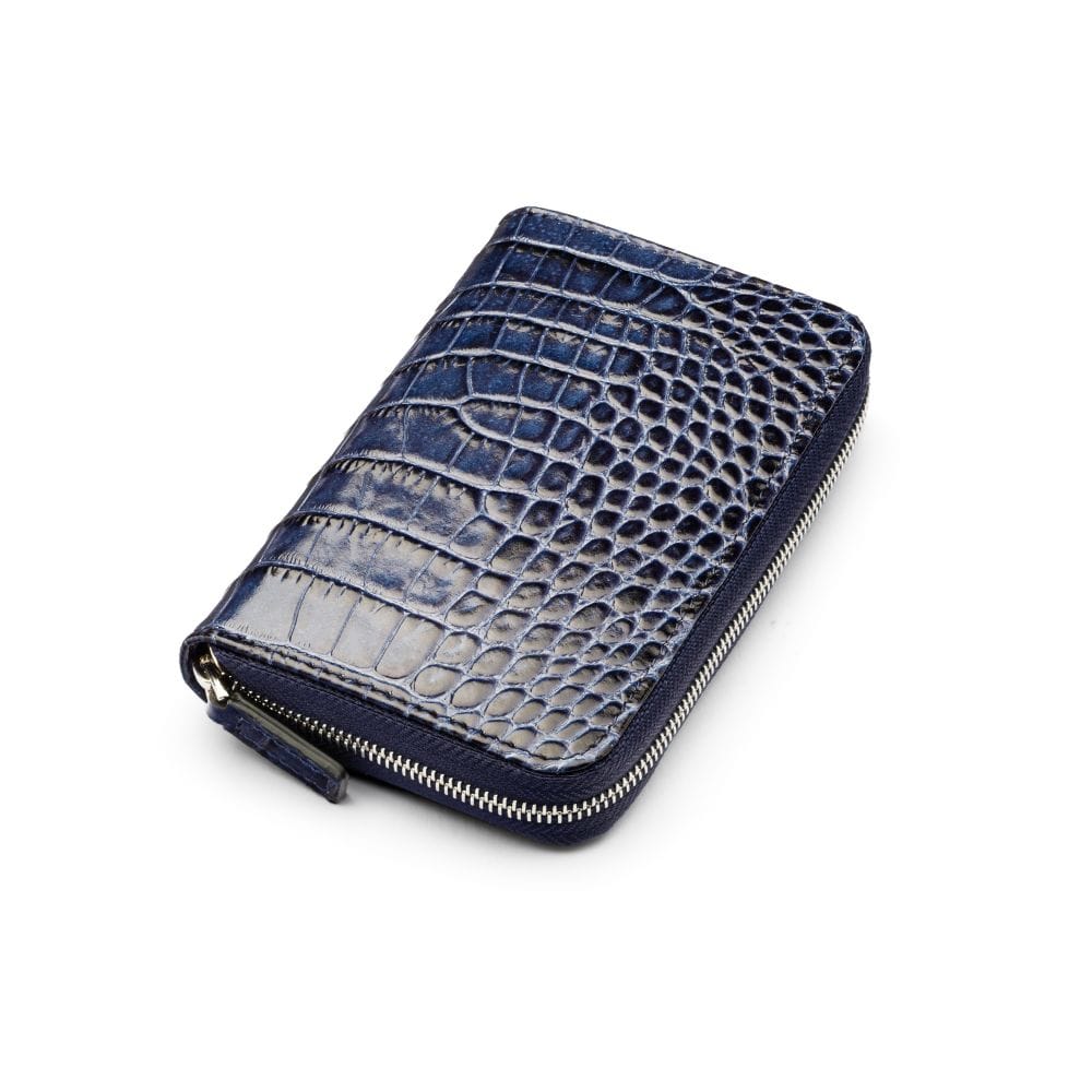 Leather zip around 7 piece manicure set, navy croc, front