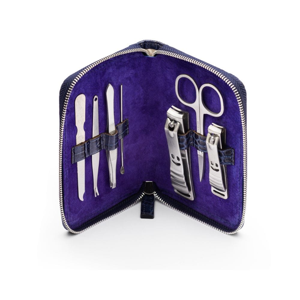 Leather zip around 7 piece manicure set, navy croc, open