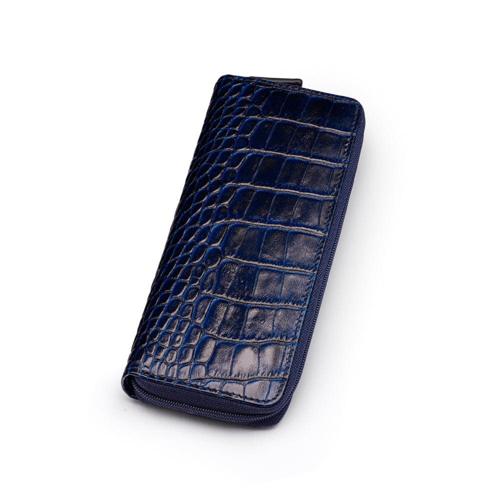 Leather zip around triple pen case, navy croc, front