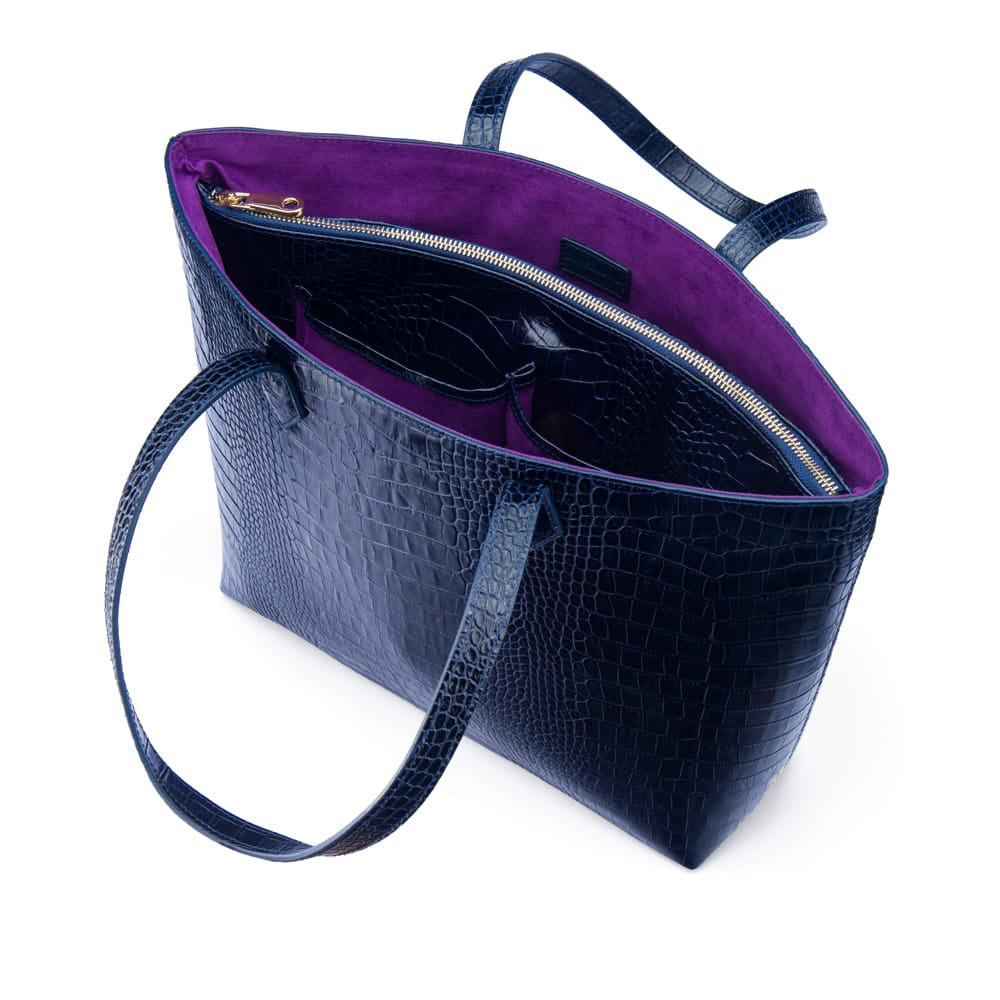 Luxury Leather Tote Bag and Shopper, Navy Croc, inside