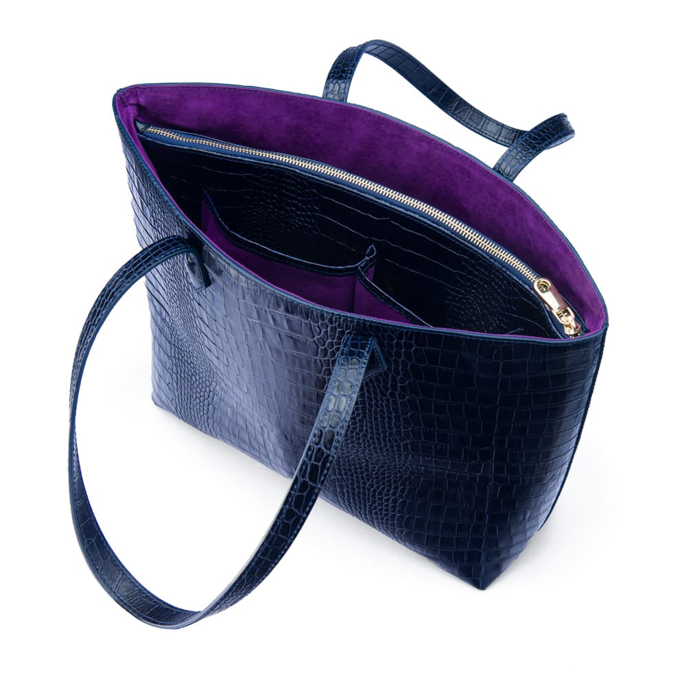 Luxury Leather Tote Bag and Shopper, Navy Croc, inside
