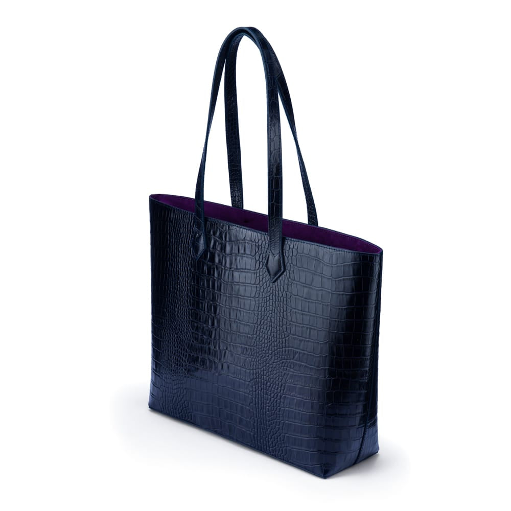 Luxury Leather Tote Bag and Shopper, Navy Croc, side view