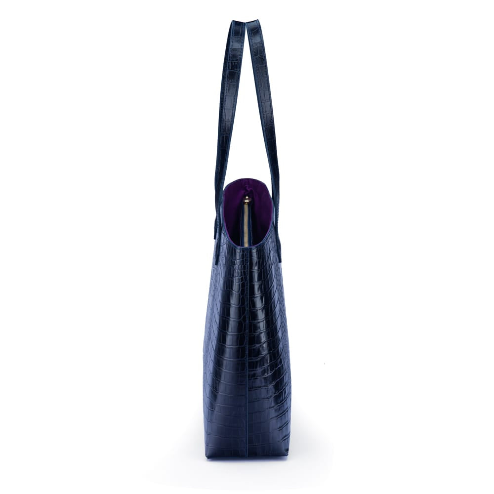 Luxury Leather Tote Bag and Shopper, Navy Croc, side