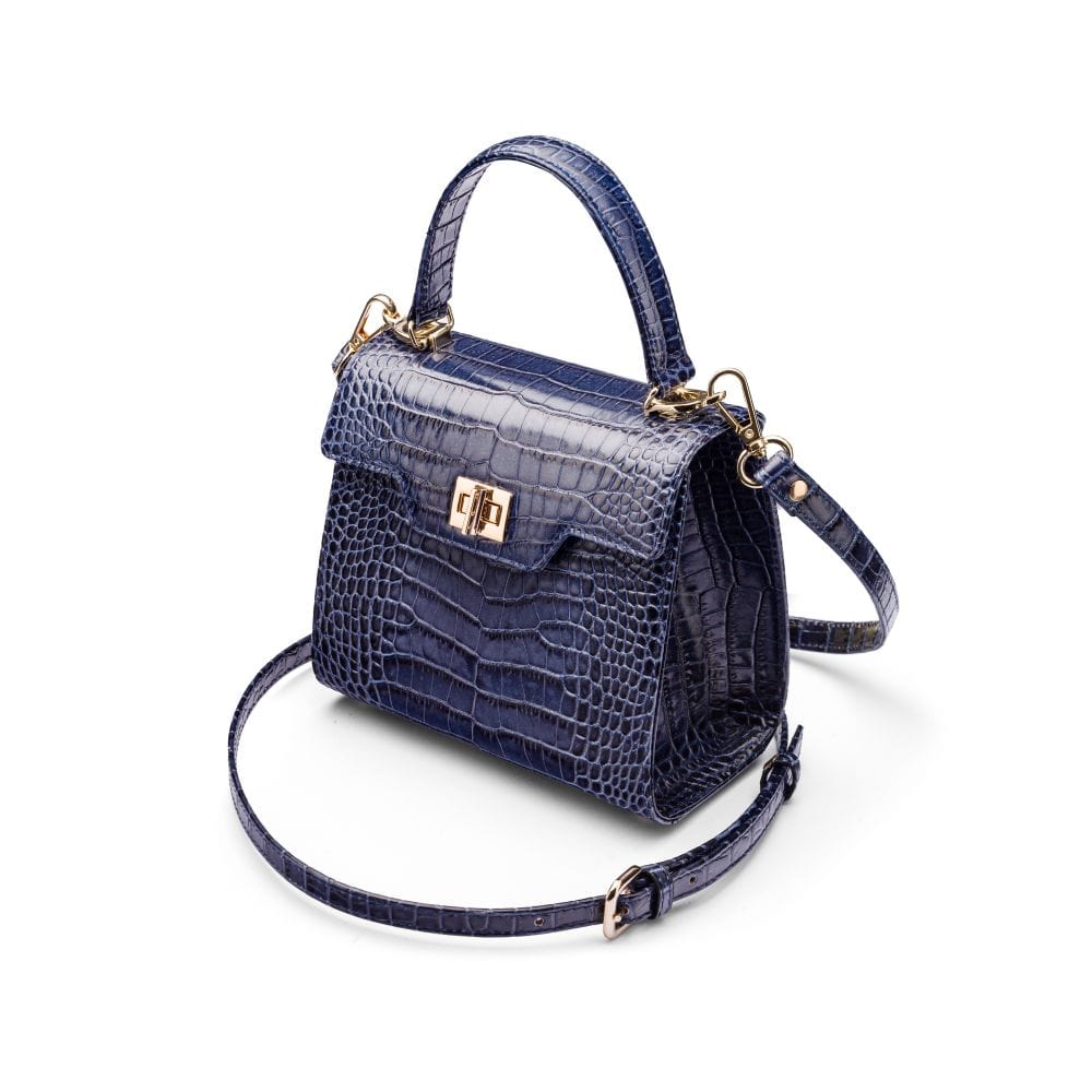 Mini leather Morgan Bag, top handle bag, navy croc, side view