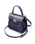 Mini leather Morgan Bag, top handle bag, navy croc, side view