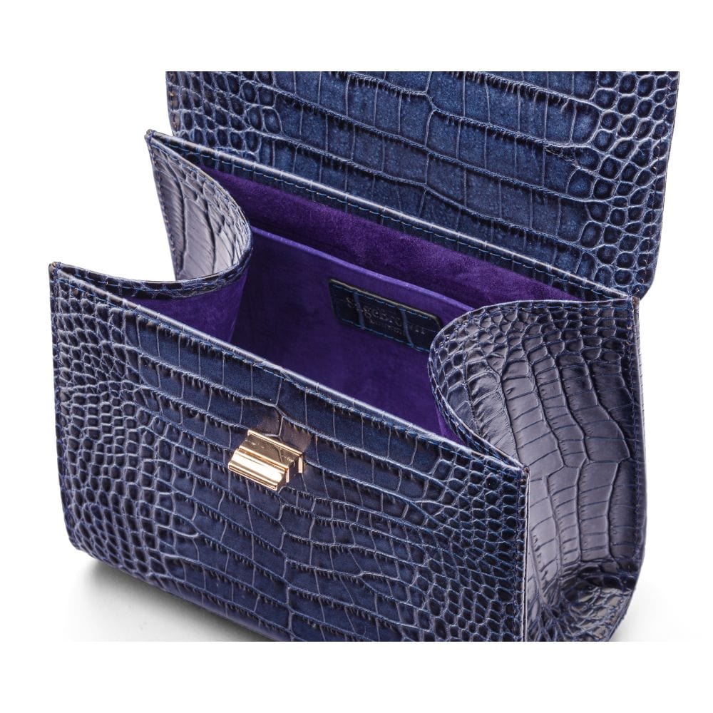 Mini leather Morgan Bag, top handle bag, navy croc, inside