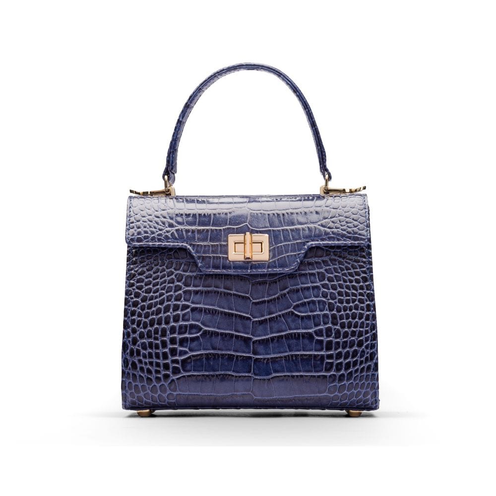 Mini leather Morgan Bag, top handle bag, navy croc, front