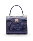 Mini leather Morgan Bag, top handle bag, navy croc, front