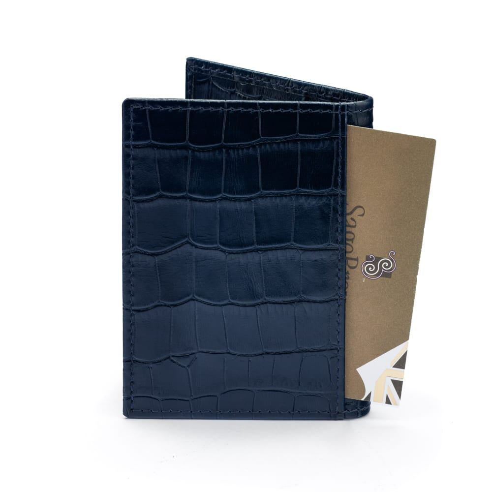 Premium Slim RFID Leather Credit Card Wallet, Navy Croc Effect, back