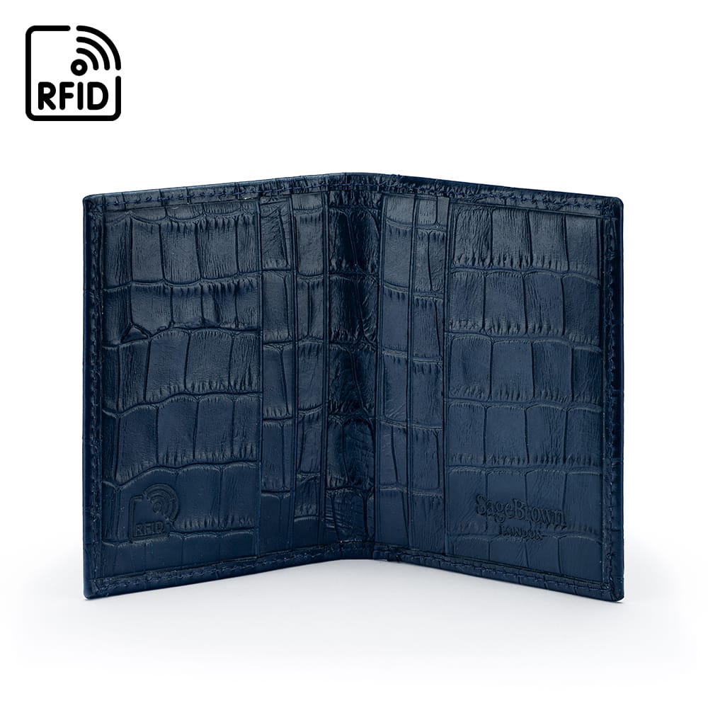 Premium Slim RFID Leather Credit Card Wallet, Navy Croc Effect, inside
