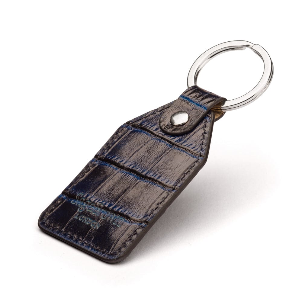 Rectangular leather key fob, navy croc, back