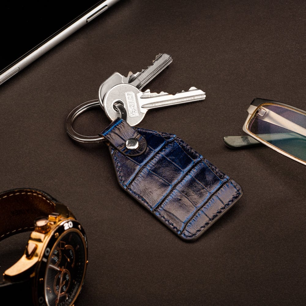 Rectangular Leather Key Ring, Navy Croc | Key Fob | SageBrown