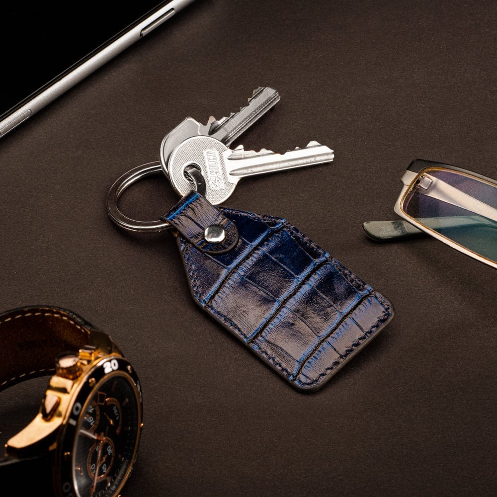 Rectangular leather key fob, navy croc, lifestyle