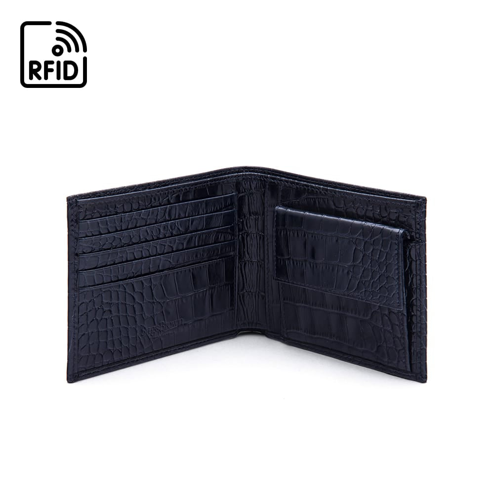 RFID Leather wallet with coin purse, navy croc, open