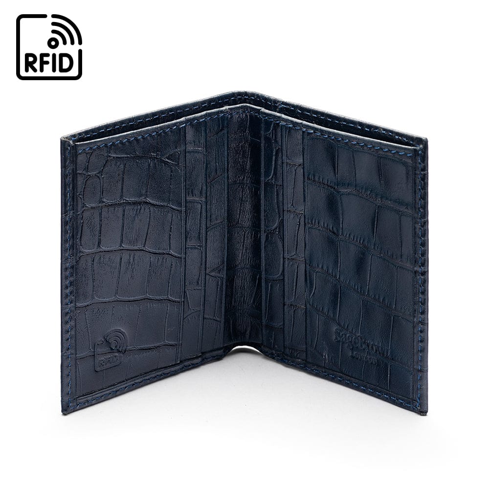 RFID compact leather billfold wallet 4 CC, navy croc, open