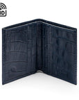 RFID compact leather billfold wallet 4 CC, navy croc, open