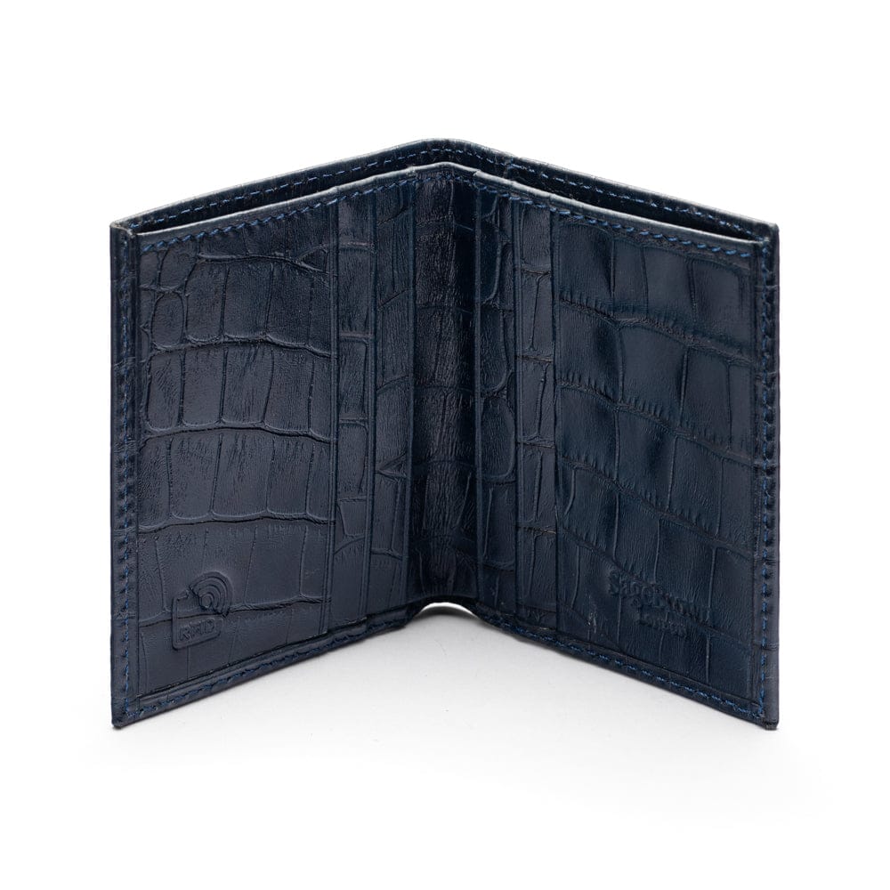 RFID compact leather billfold wallet 4 CC, navy croc, open view