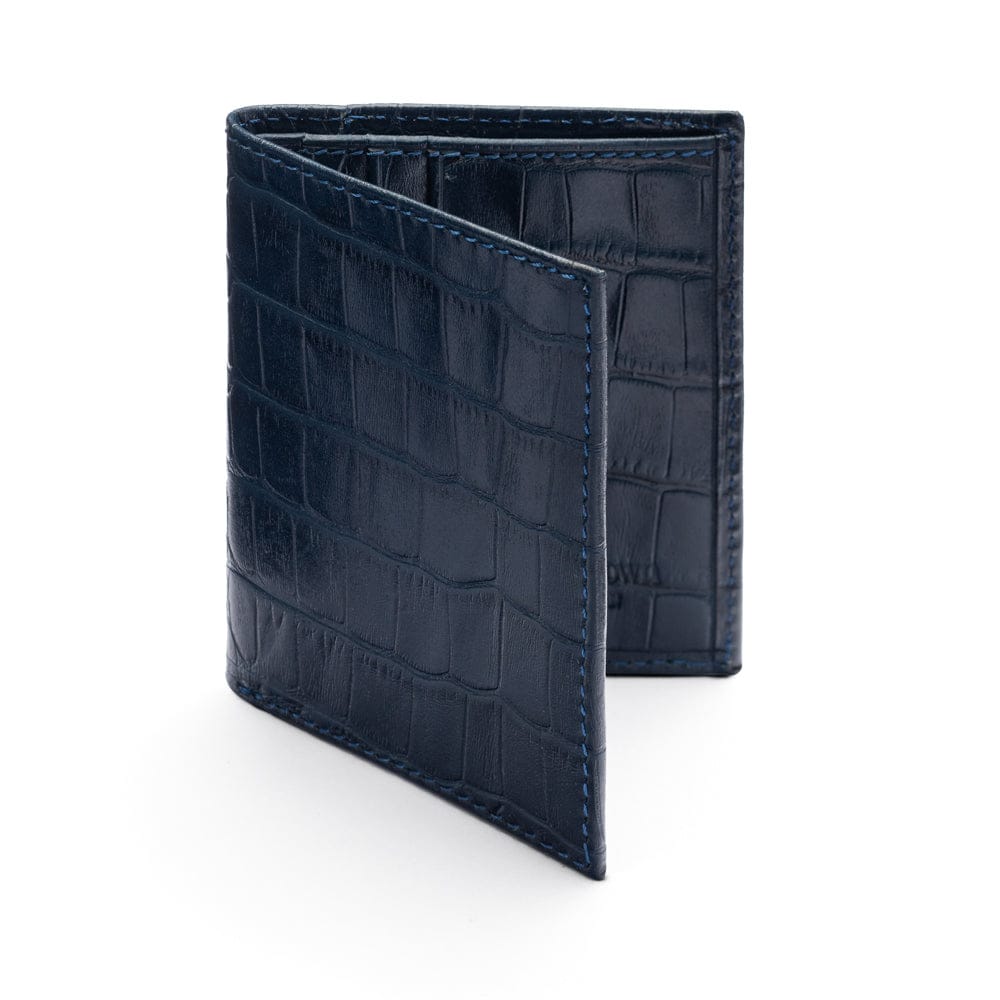 RFID compact leather billfold wallet 4 CC, navy croc, front