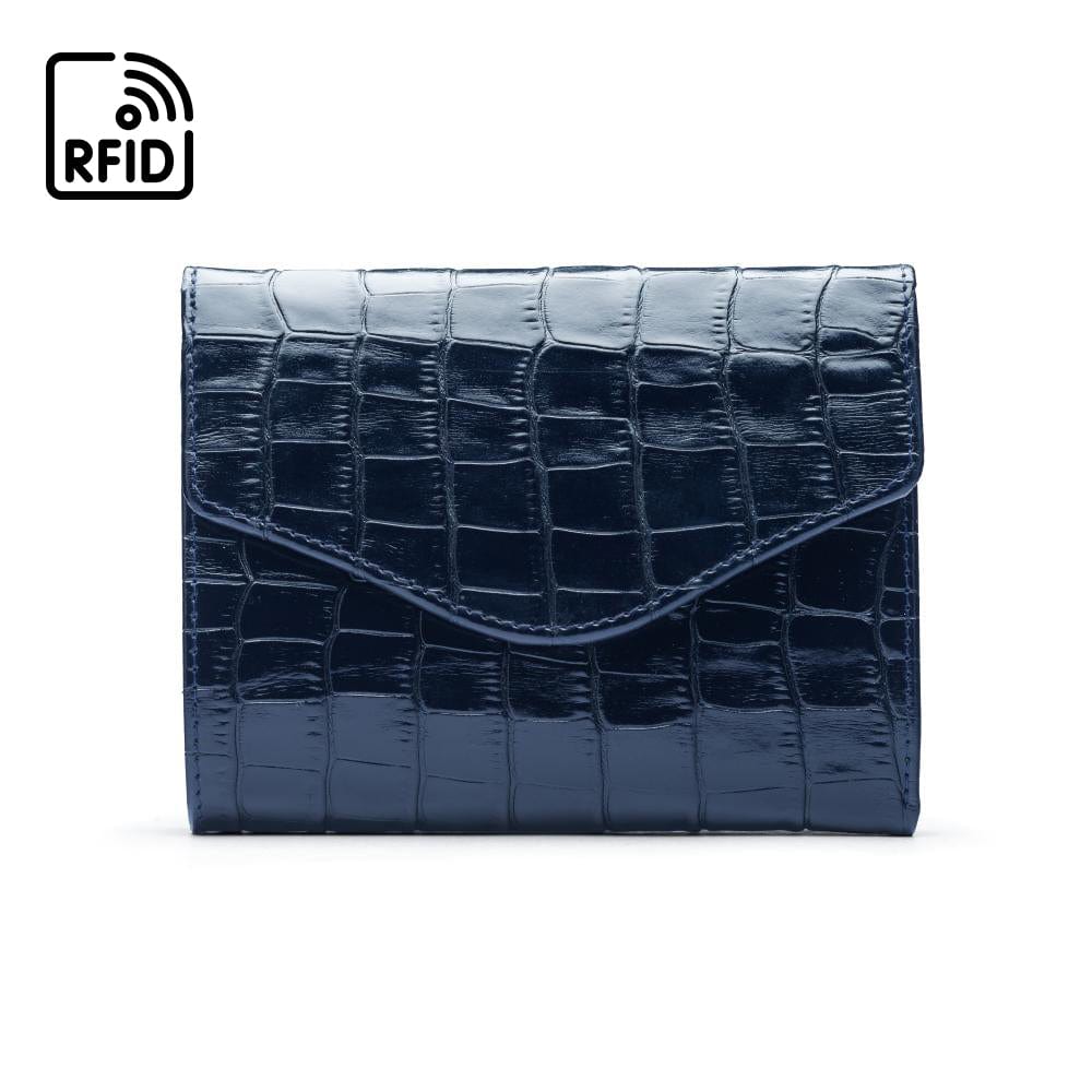 RFID Large leather purse with 15 CC, navy croc, front