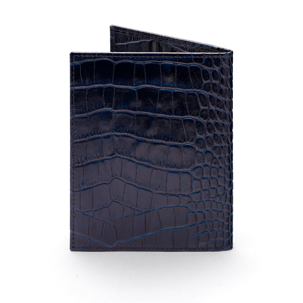 RFID leather passport holder, navy croc, back view