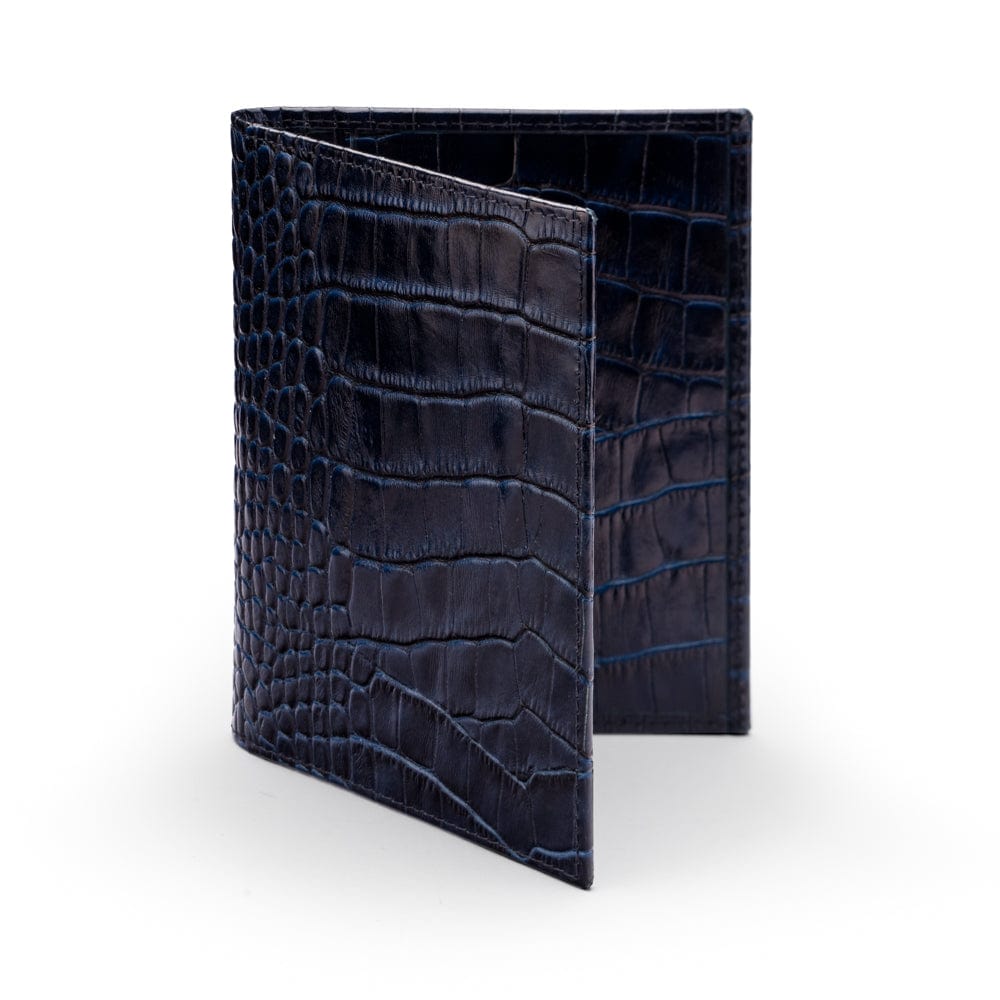 RFID leather passport holder, navy croc, front