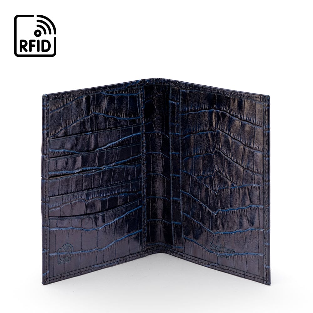 RFID leather passport holder, navy croc, front view