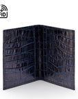 RFID leather passport holder, navy croc, front view