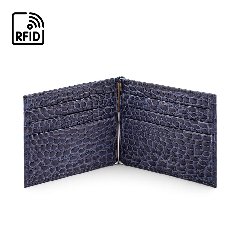 Leather money clip wallet, navy croc, open view