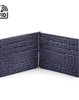 Leather money clip wallet, navy croc, open view