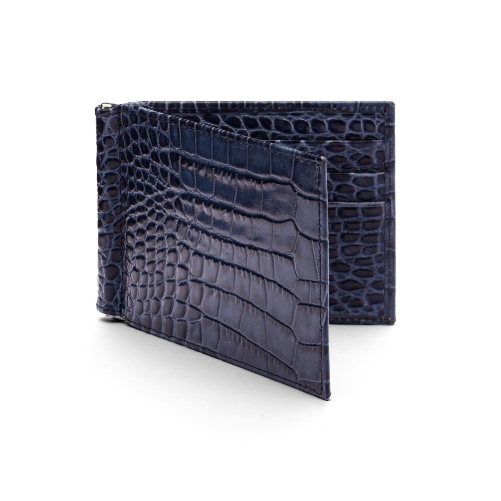 Leather money clip wallet, navy croc, front