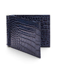 Leather money clip wallet, navy croc, front